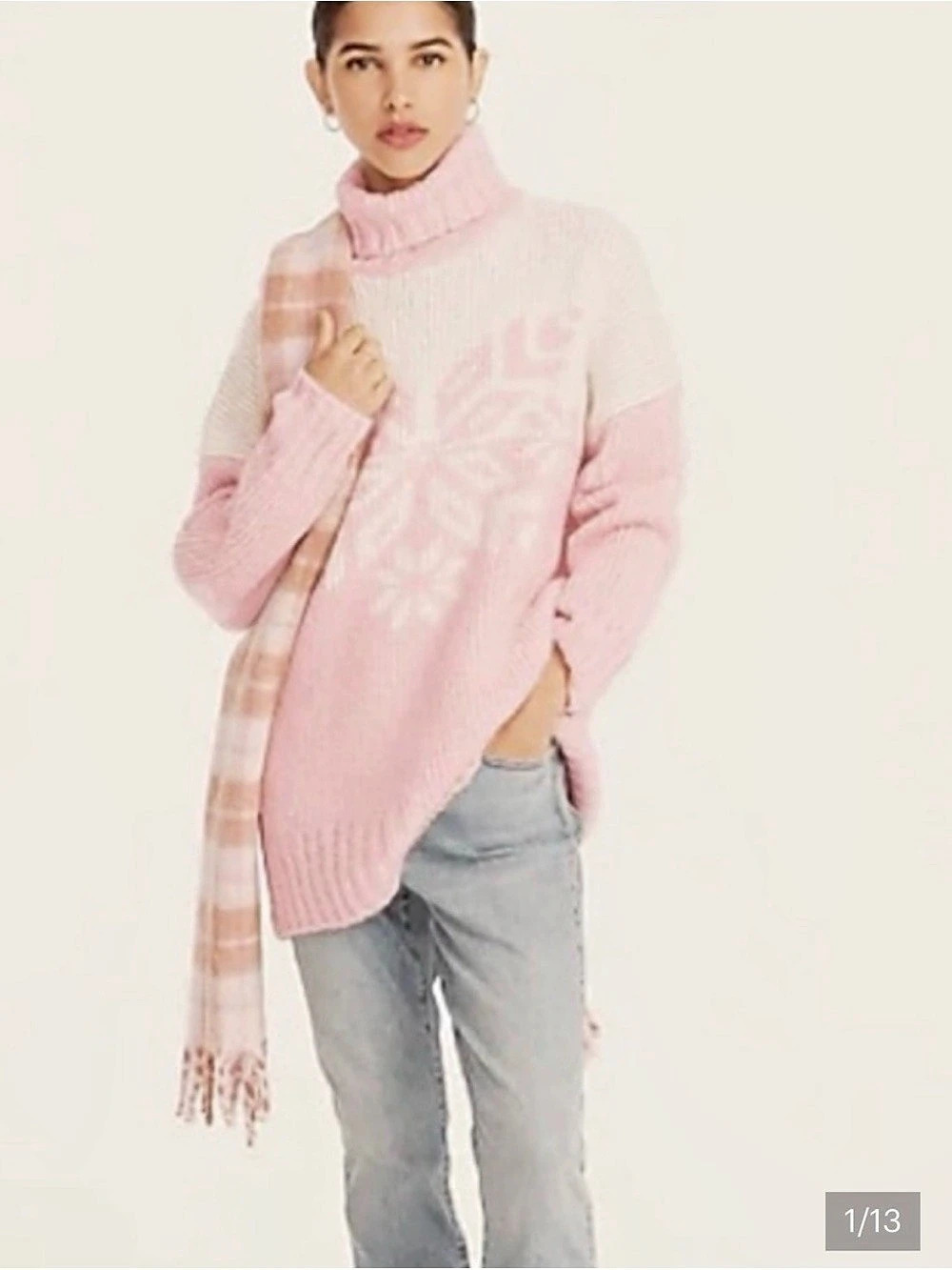 J.Crew Oversized Chunky Knit Snowflake Turtleneck Sweater Pink & White